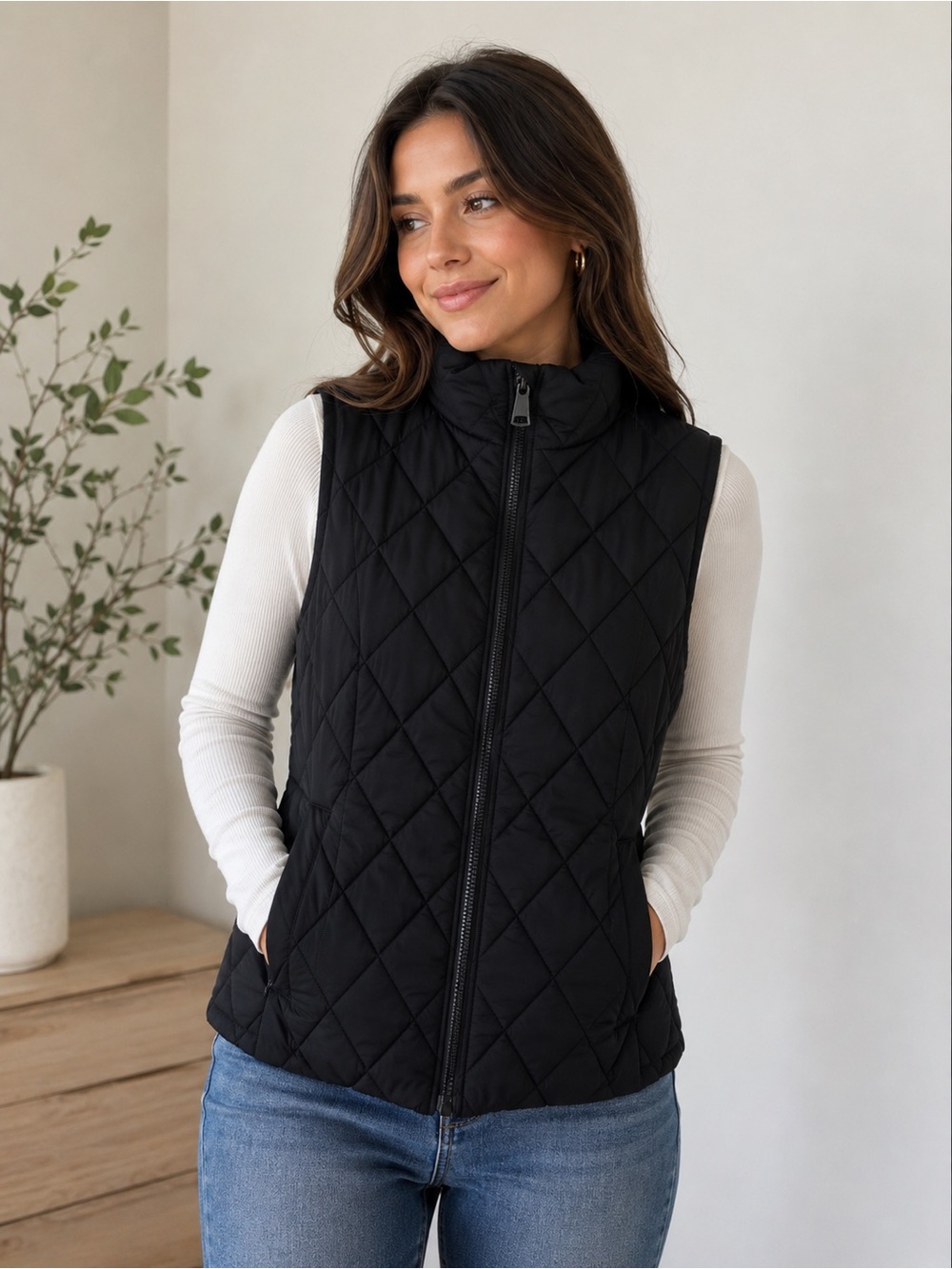 Calvin Klein Black Quilted Puffer Vest Zip Front Women’s Small